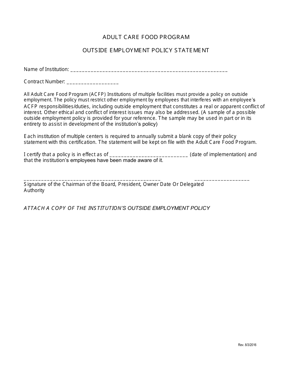 Florida Outside Employment Policy Statement Adult Care Food Program