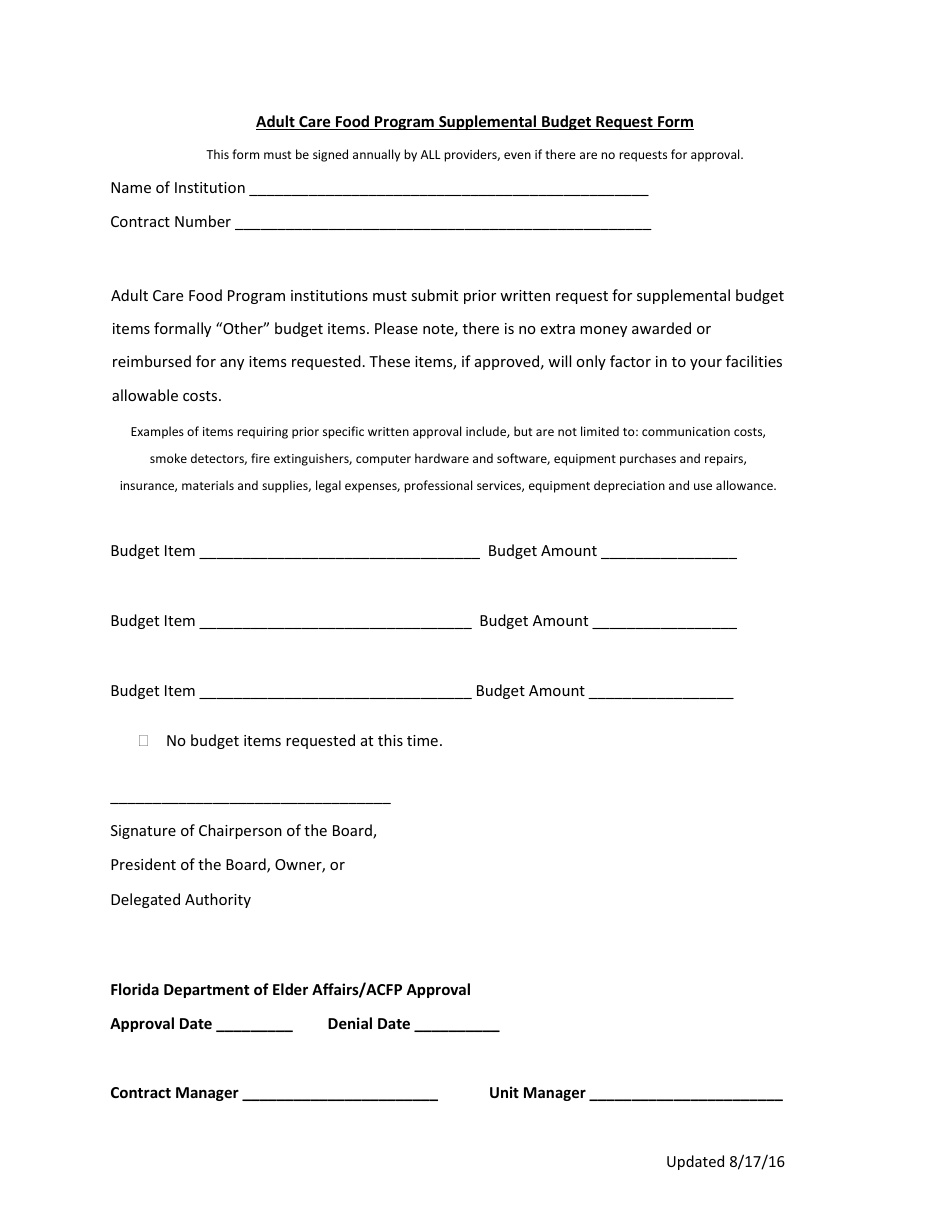 Supplemental Budget Request Form - Adult Care Food Program - Florida, Page 1