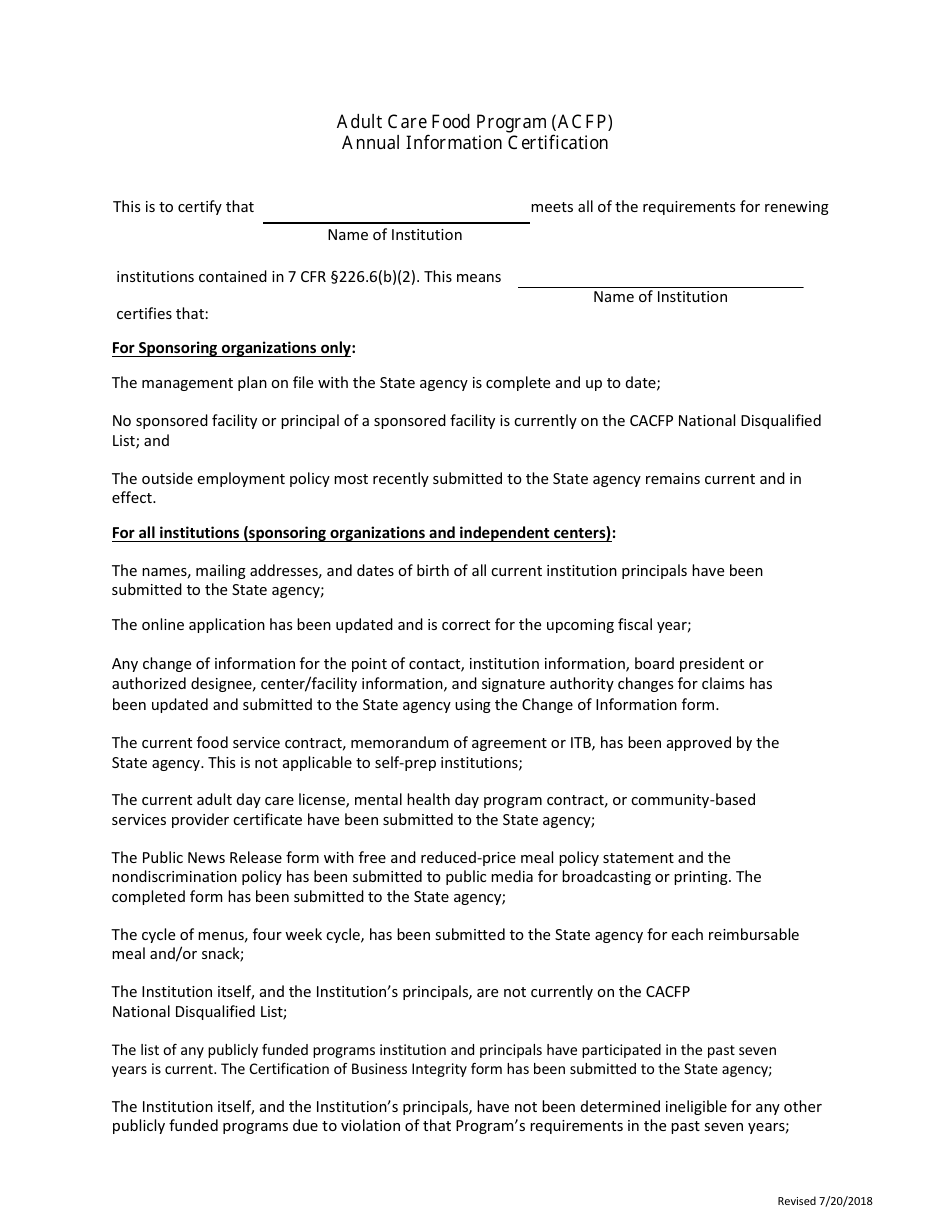 Annual Information Certification Form - Adult Care Food Program (Acfp) - Florida, Page 1