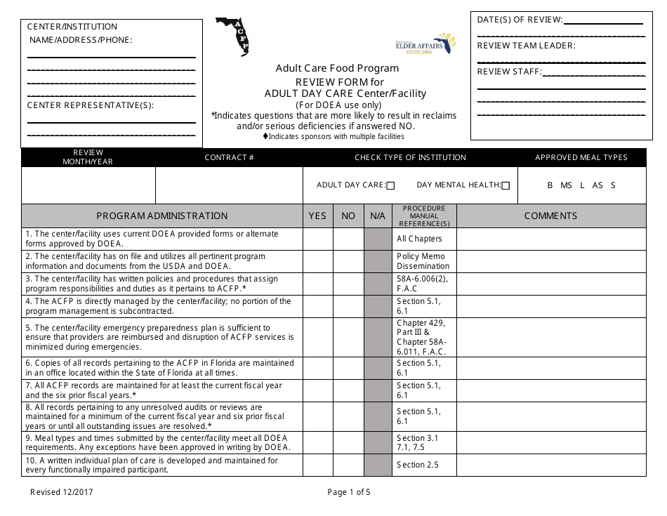Review Form for Adult Day Care Center / Facility - Adult Care Food Program - Florida, Page 1