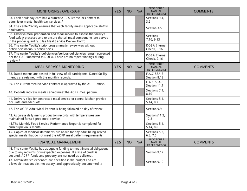 Florida Review Form For Adult Day Care Center Facility - Adult Care 