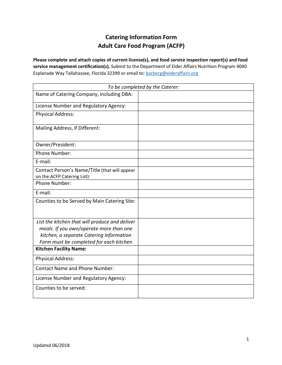 Catering Information Form - Adult Care Food Program (Acfp) - Florida, Page 1