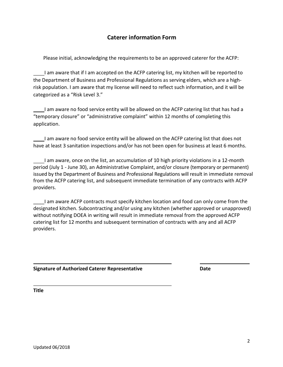Catering Information Form - Adult Care Food Program (Acfp) - Florida, Page 2