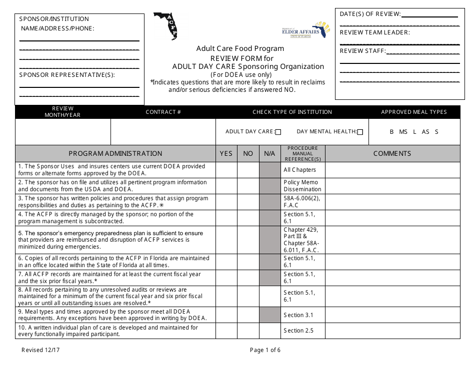 Review Form for Adult Day Care Sponsoring Organization - Adult Care Food Program - Florida, Page 1