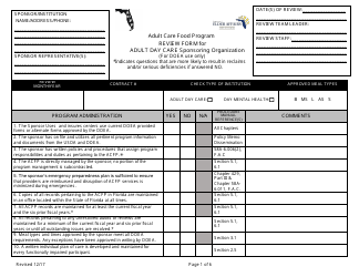 Document preview: Review Form for Adult Day Care Sponsoring Organization - Adult Care Food Program - Florida