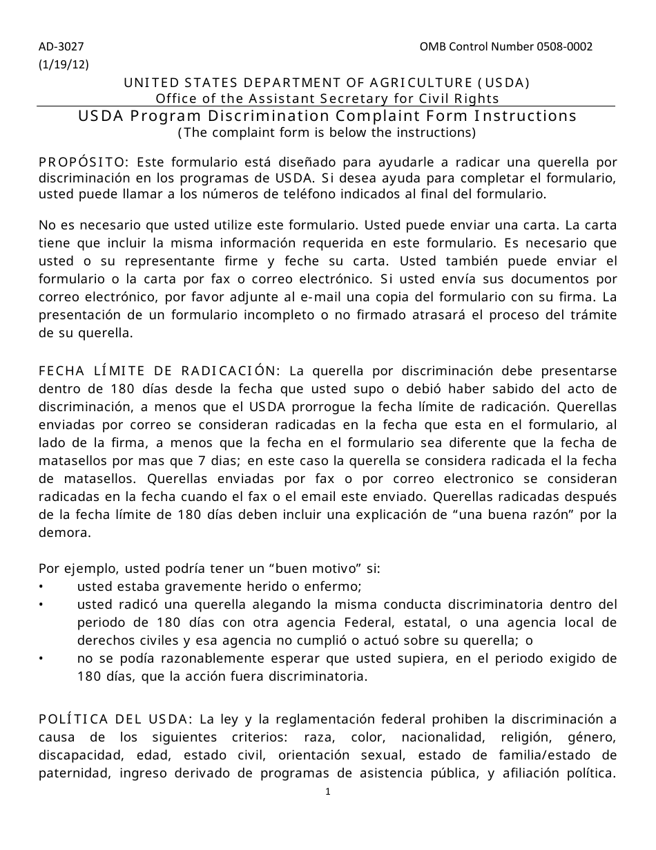 Formulario AD-3027 Program Discrimination Complaint Form (Spanish), Page 1