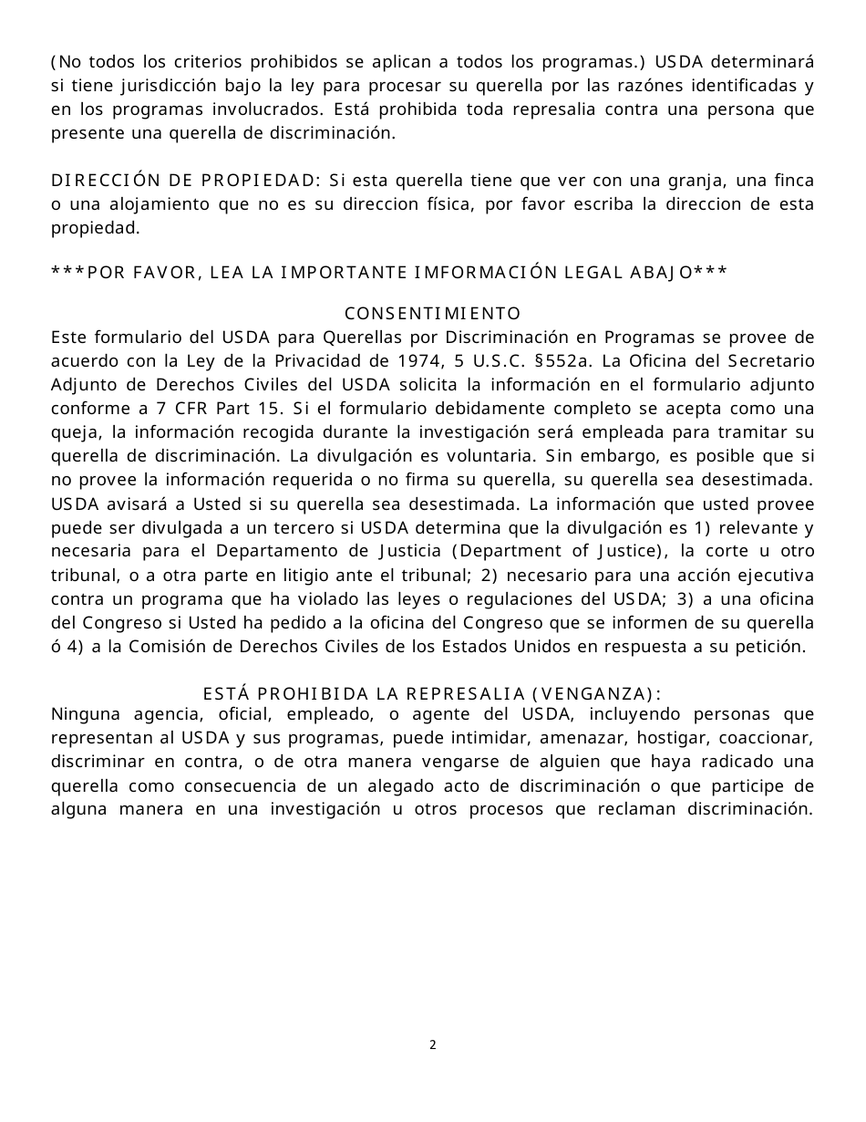 Formulario AD-3027 Program Discrimination Complaint Form (Spanish), Page 2