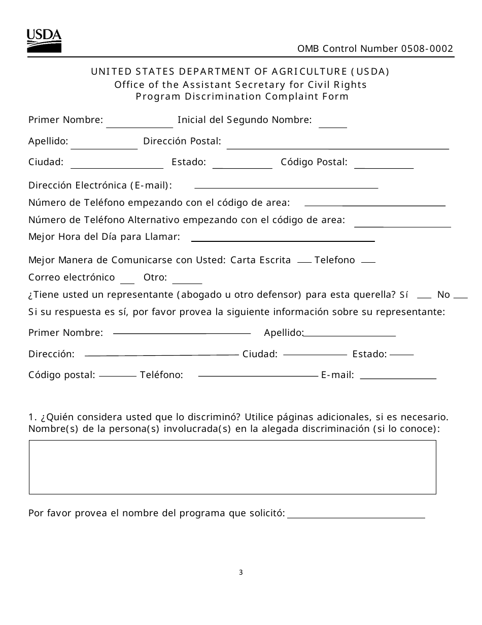 Formulario AD-3027 Program Discrimination Complaint Form (Spanish), Page 3