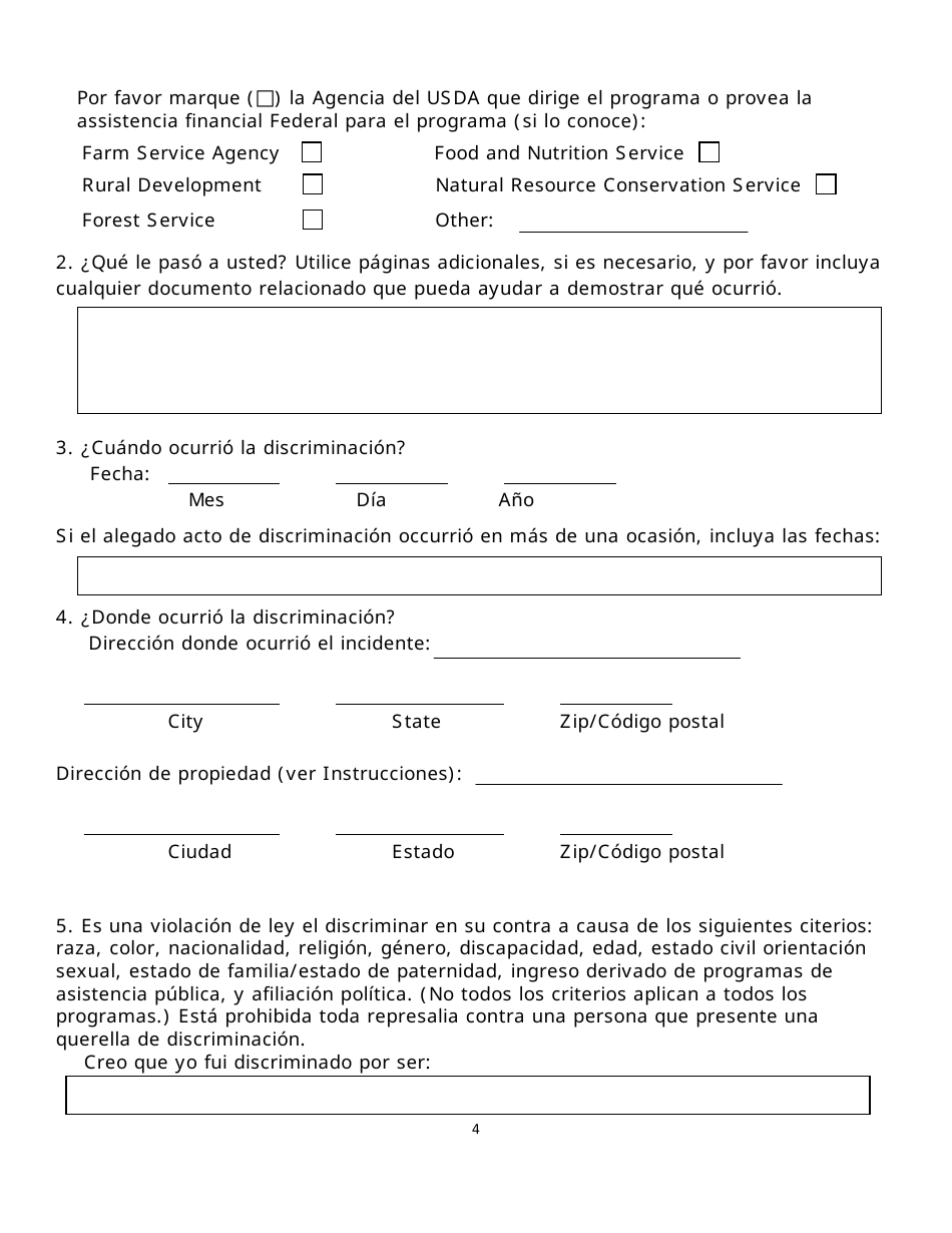 Formulario AD-3027 Program Discrimination Complaint Form (Spanish), Page 4