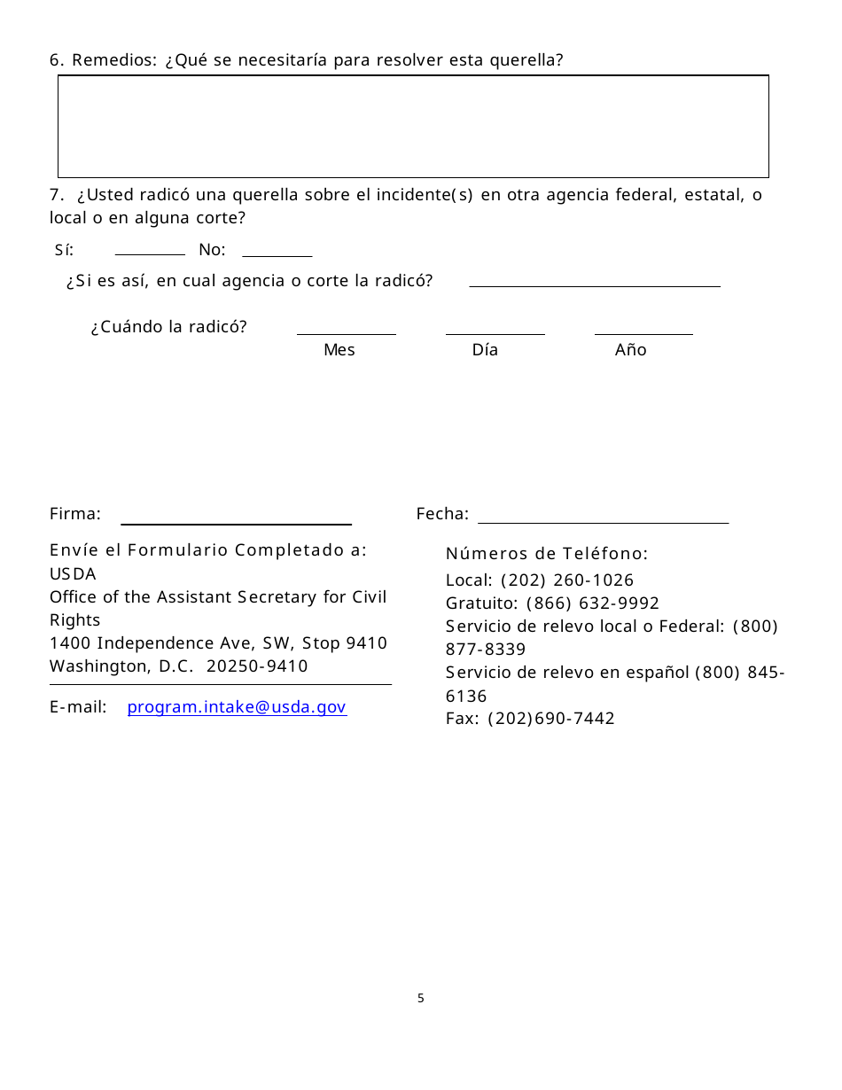 Formulario AD-3027 Program Discrimination Complaint Form (Spanish), Page 5