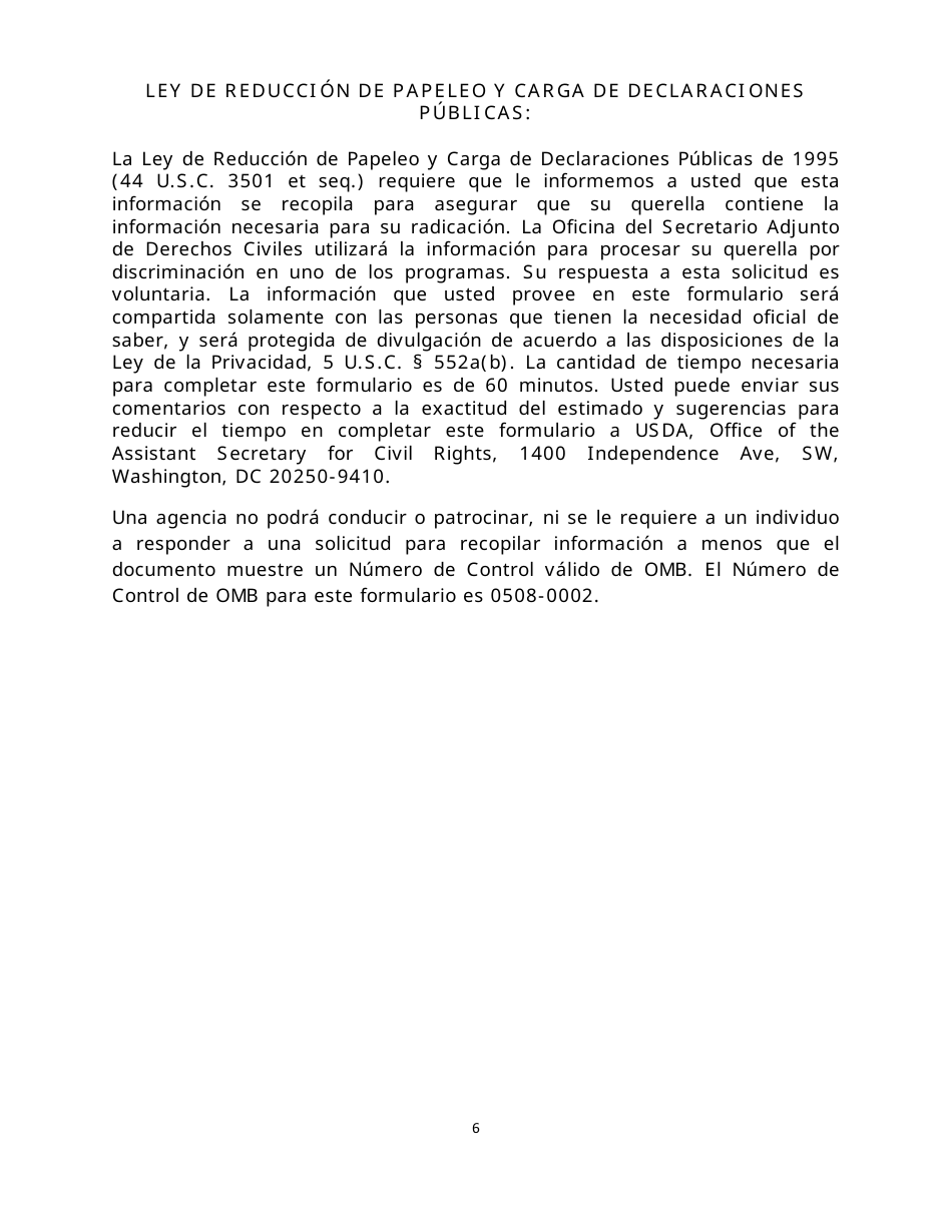 Formulario AD-3027 Program Discrimination Complaint Form (Spanish), Page 6