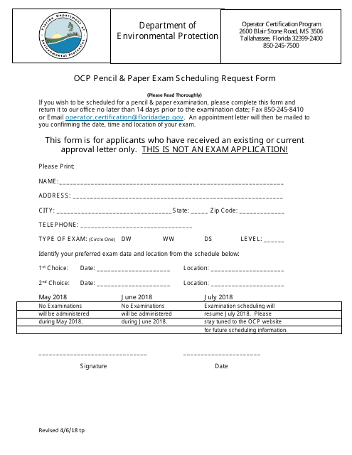 Ocp Pencil & Paper Exam Scheduling Request Form - Florida