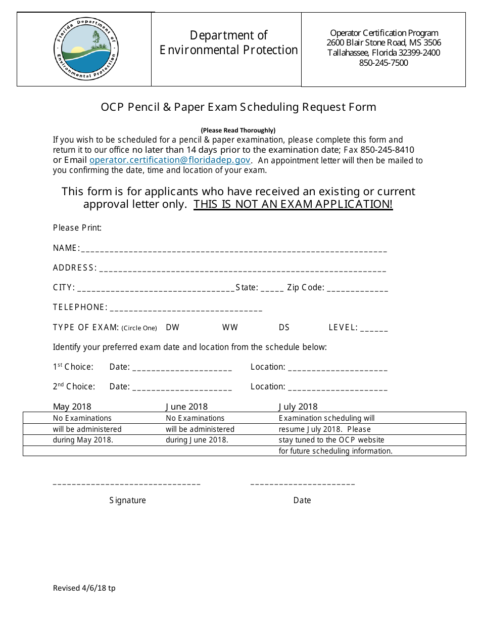 Ocp Pencil  Paper Exam Scheduling Request Form - Florida, Page 1