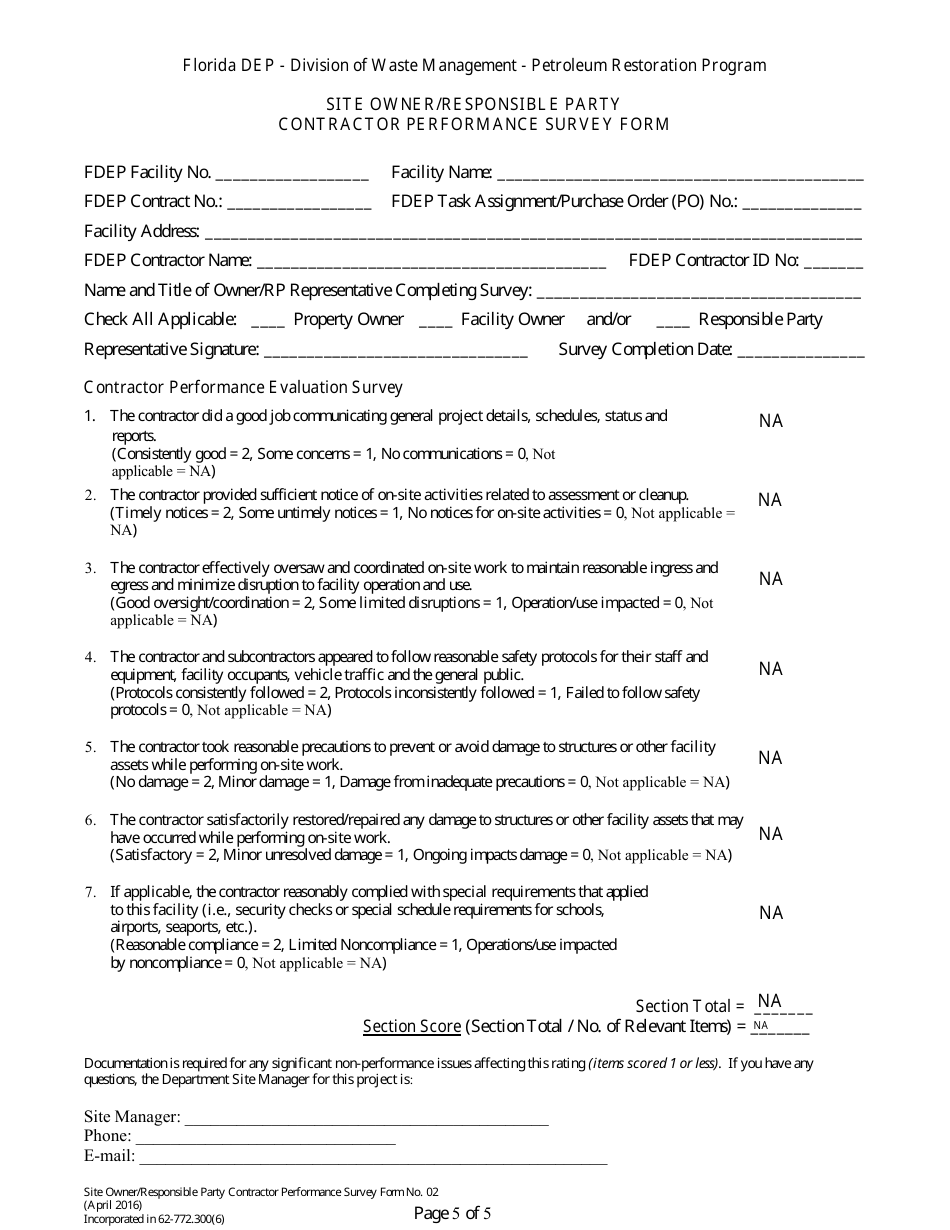 DEP Form 02 Site Owner / Responsible Party Contractor Performance Survey Form - Petroleum Restoration Program - Florida, Page 1