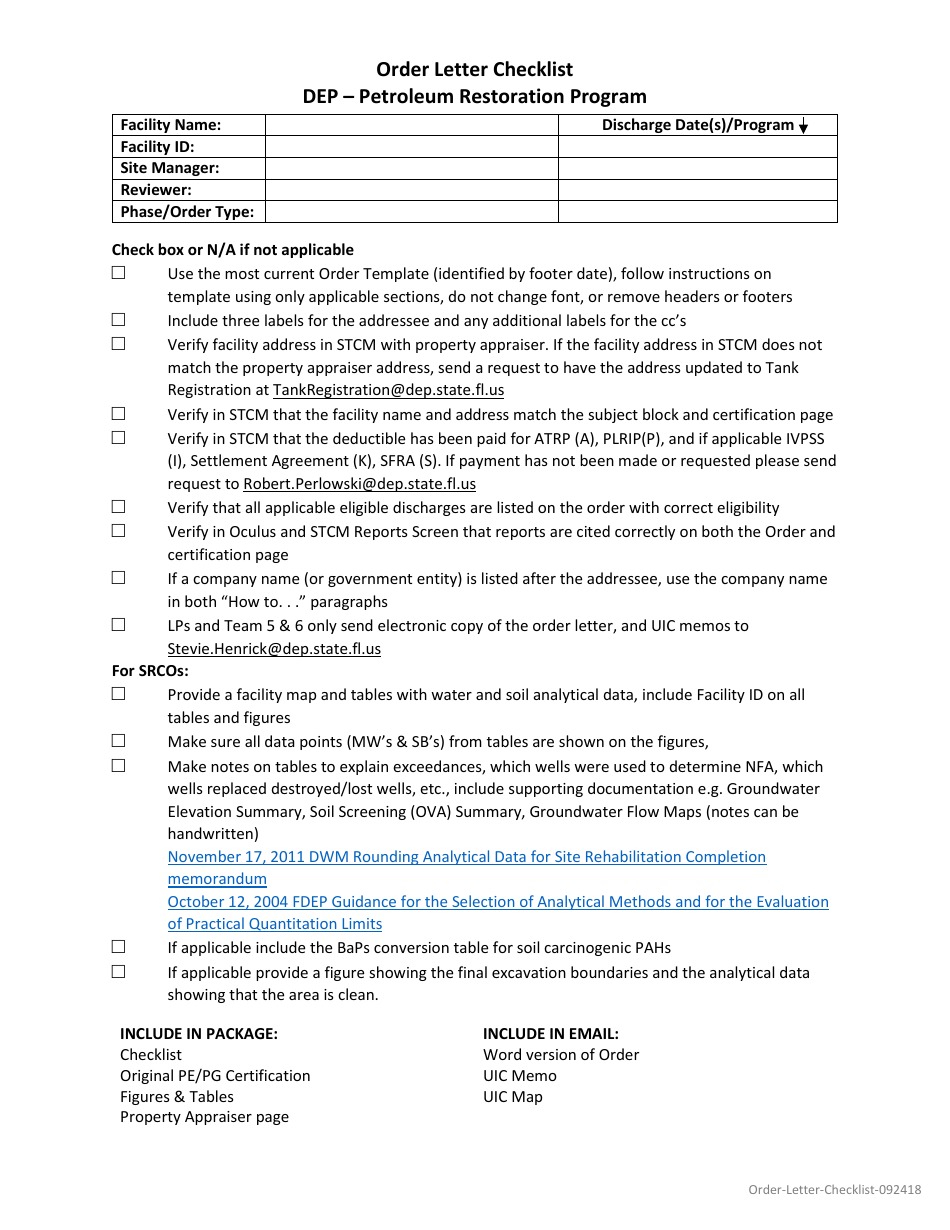 Order Letter Checklist - Petroleum Restoration Program - Florida, Page 1