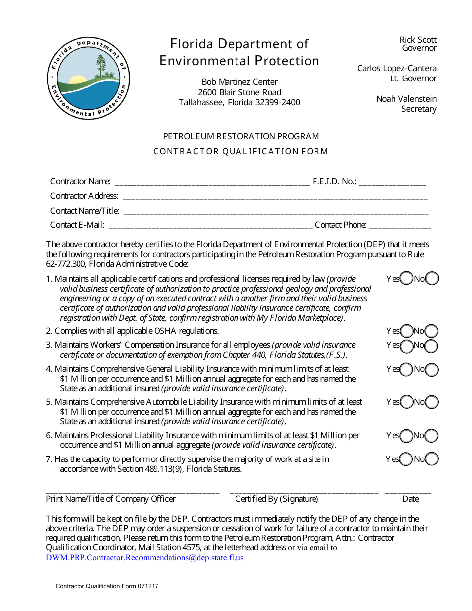 DEP Form 071217 Contractor Qualification Form - Petroleum Restoration Program - Florida, Page 1