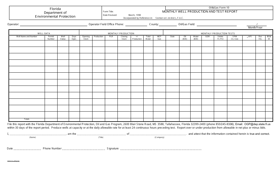 DEP OilGas Form 10 Monthly Well Production and Test Report - Florida, Page 1