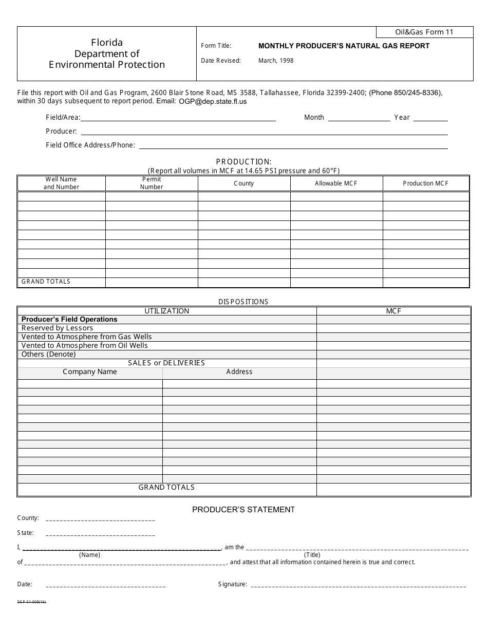DEP OilGas Form 11 Monthly Producers Natural Gas Report - Florida, Page 1