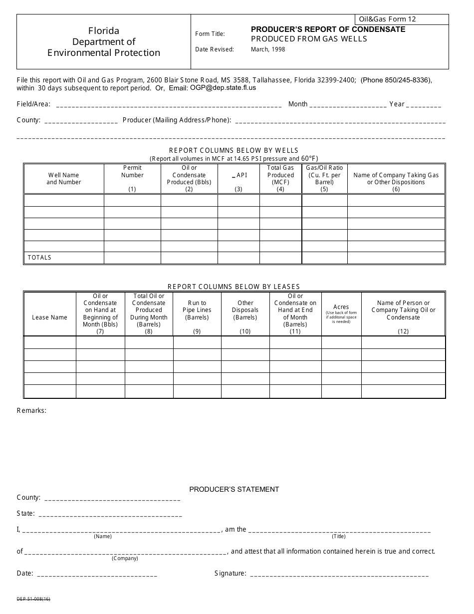DEP OilGas Form 12 Producers Report of Condensate Produced From Gas Wells - Florida, Page 1