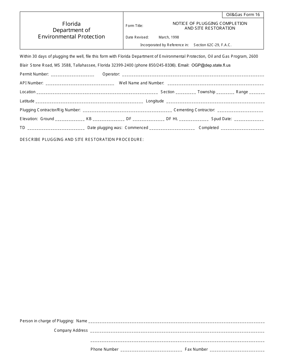 DEP OilGas Form 16 Notice of Plugging Completion and Site Restoration - Florida, Page 1