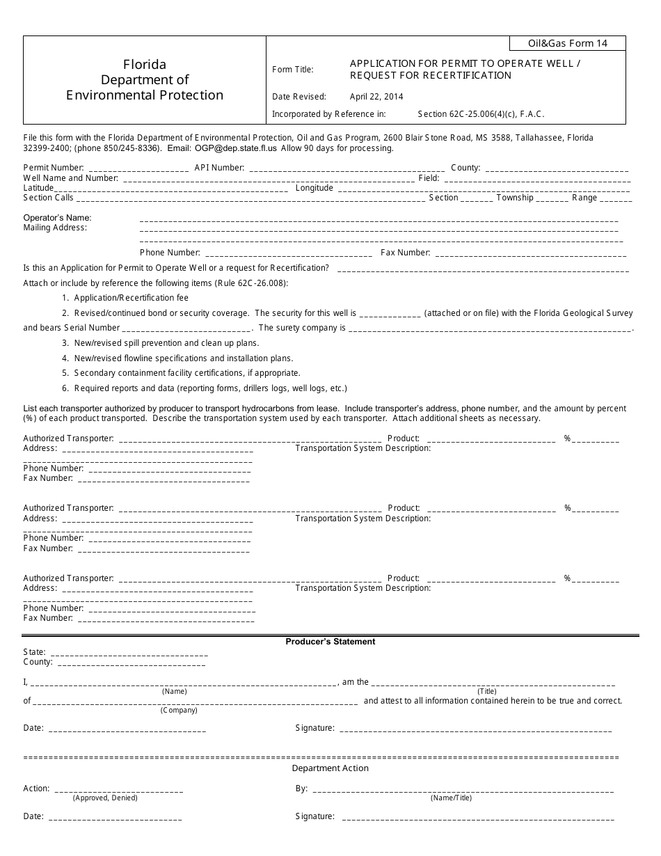 DEP OilGas Form 14 Application for Permit to Operate Well / Request for Recertification - Florida, Page 1