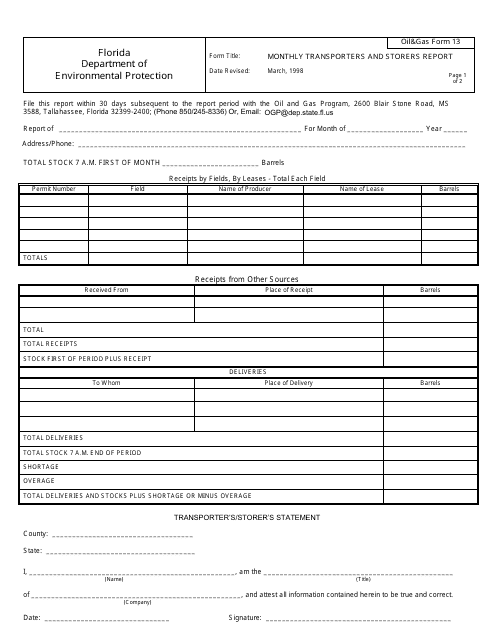 DEP Oil&Gas Form 13  Printable Pdf