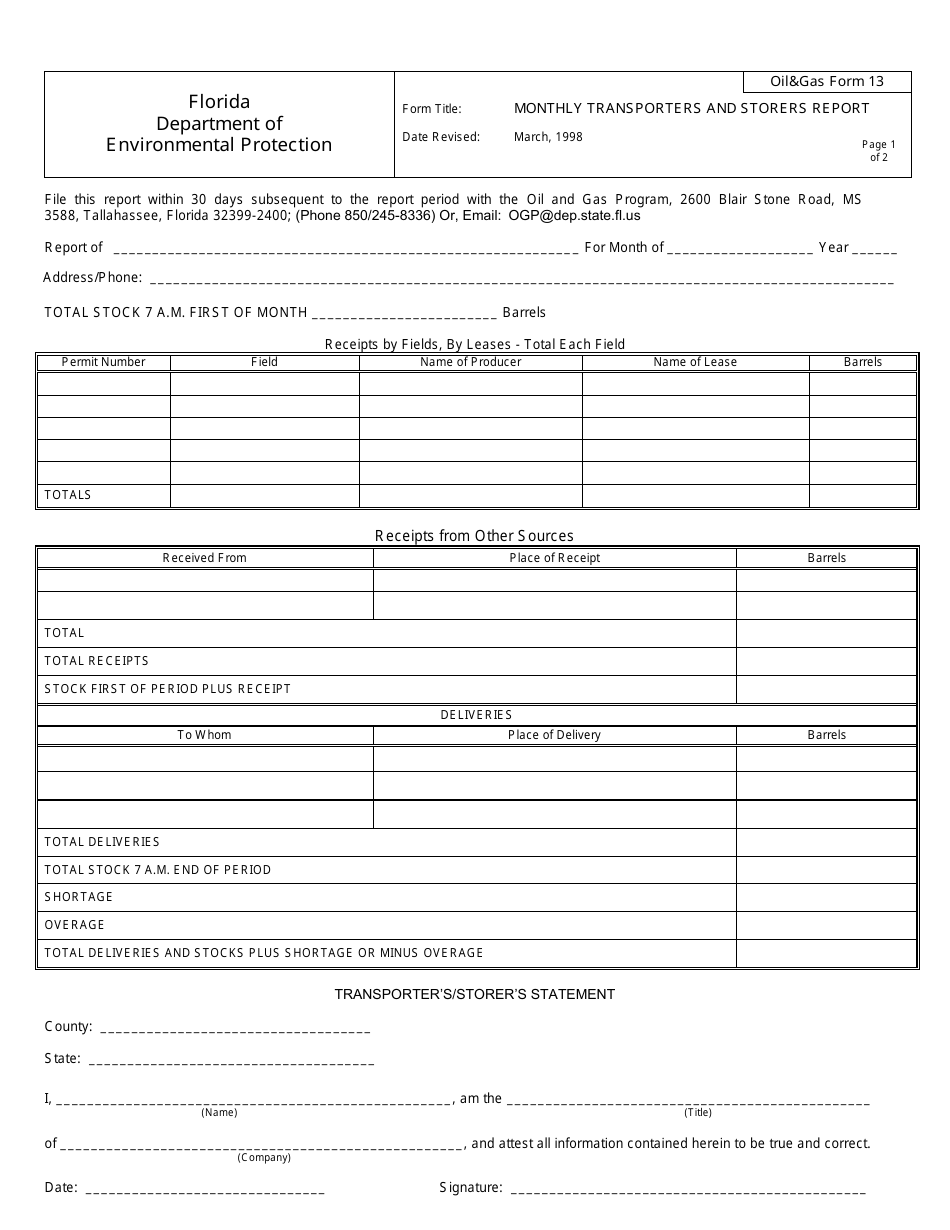 DEP OilGas Form 13 Monthly Transporters and Storers Report - Florida, Page 1