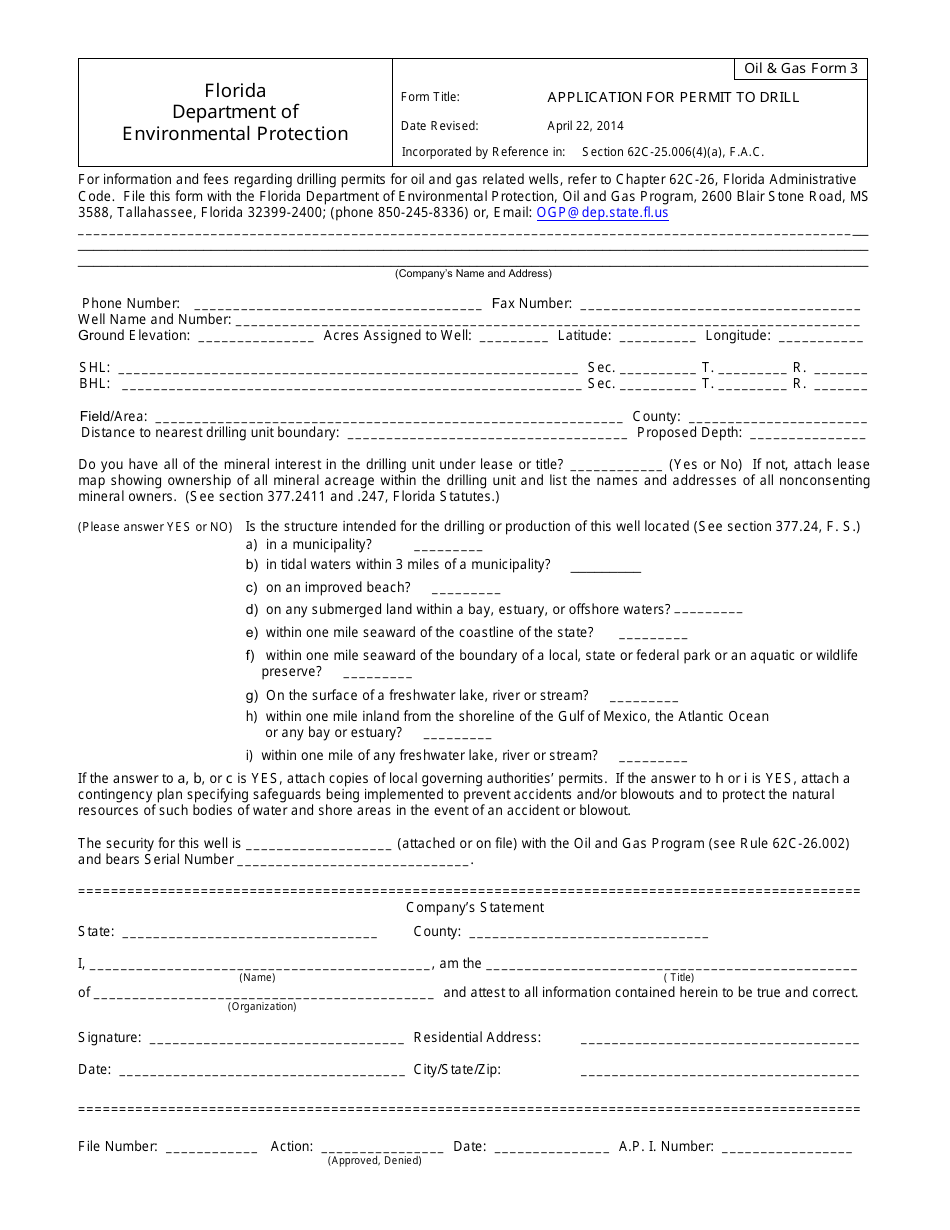 DEP OilGas Form 3 Application for Permit to Drill - Florida, Page 1