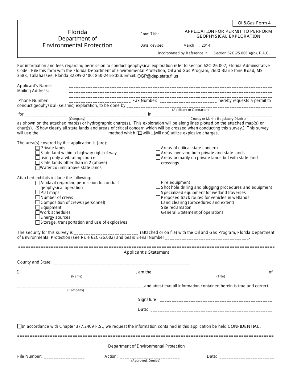 DEP OilGas Form 4 Application for Permit to Perform Geophysical Exploration - Florida, Page 1