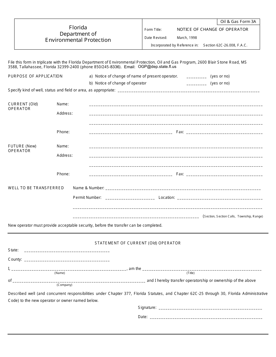 DEP OilGas Form 3A Notice of Change of Operator - Florida, Page 1
