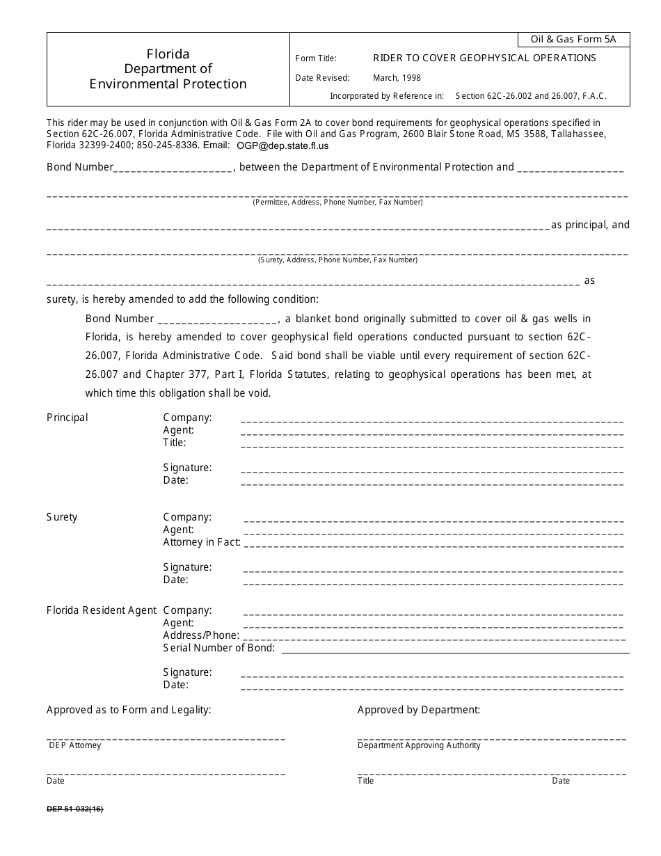 DEP OilGas Form 5A Rider to Cover Geophysical Operations - Florida, Page 1