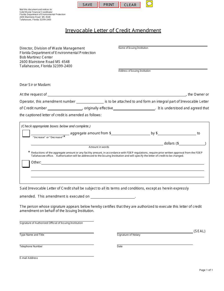 Irrevocable Letter of Credit Amendment Form - Florida, Page 1