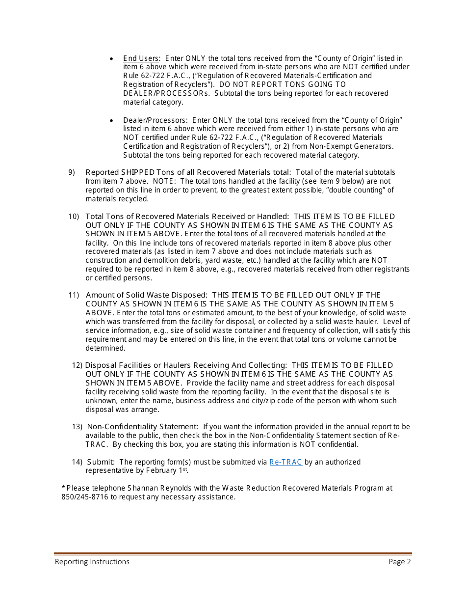 Instructions for DEP Form 62-722.400(9)(B) Certified Recovered Materials Program Annual Reporting - Florida, Page 2