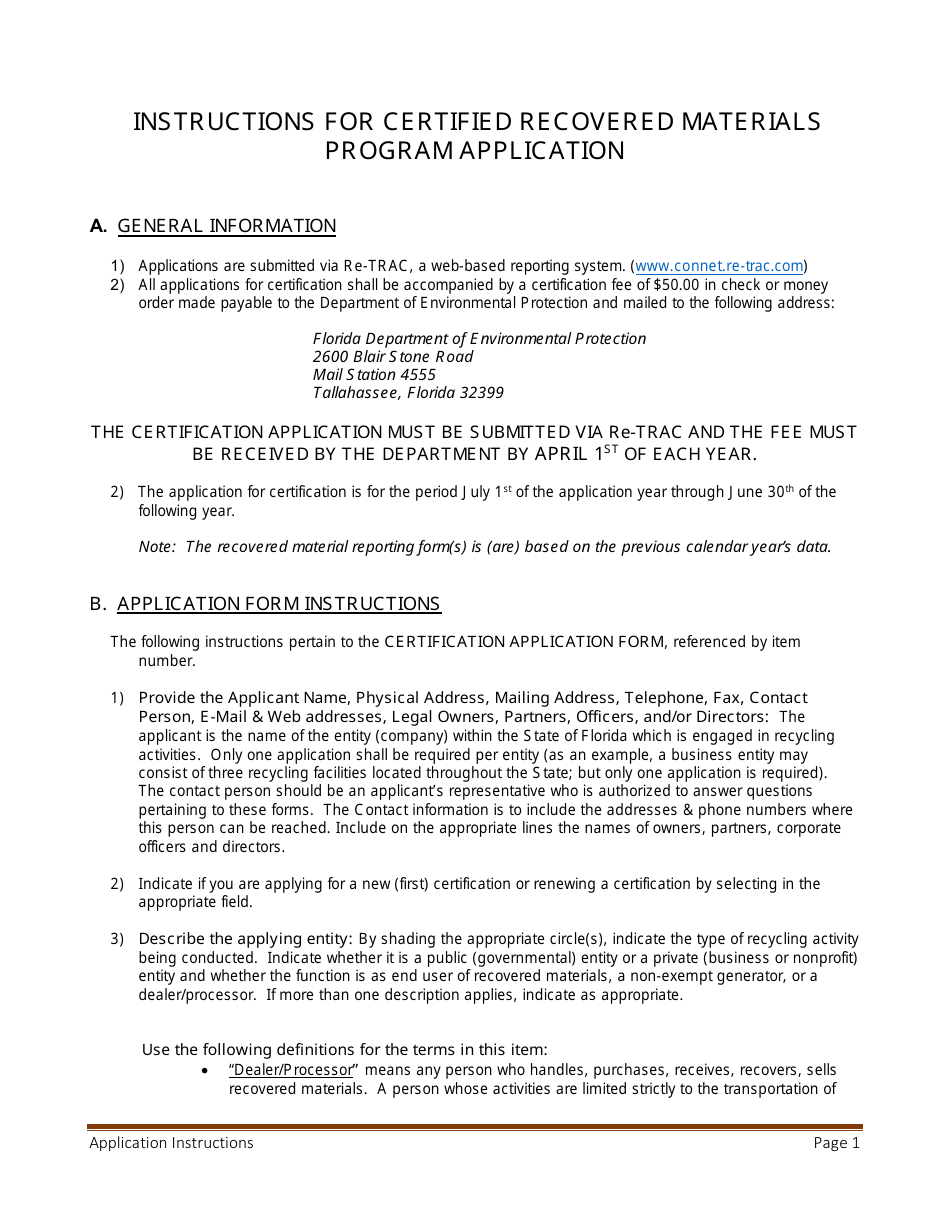 Instructions for Certified Recovered Materials Program Application - Florida, Page 1