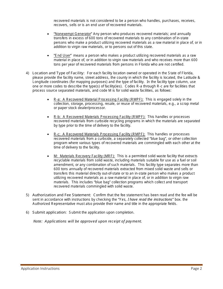Instructions for Certified Recovered Materials Program Application - Florida, Page 2