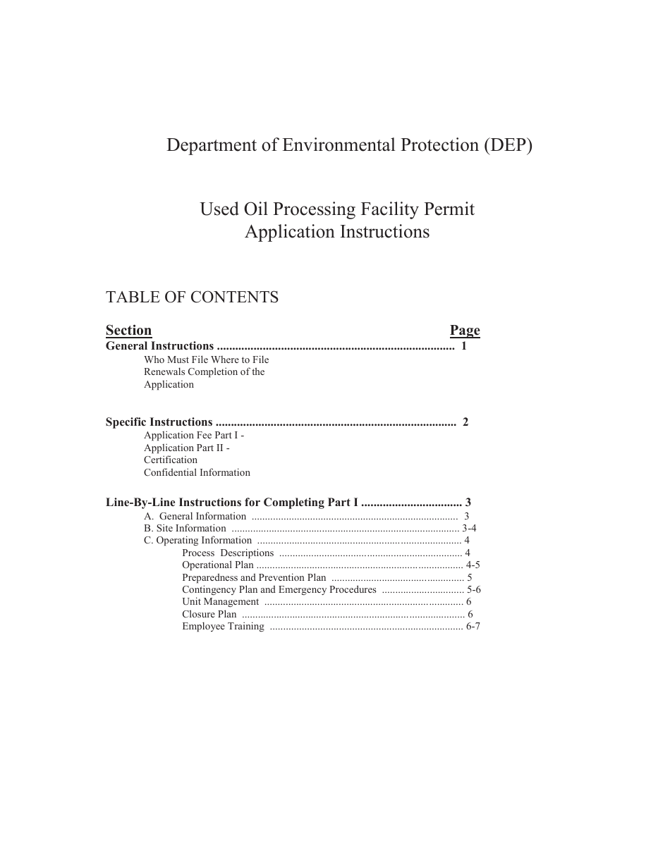 Instructions for DEP Form 62-710.901(6) Used Oil Processing Facility Permit Application - Florida, Page 1