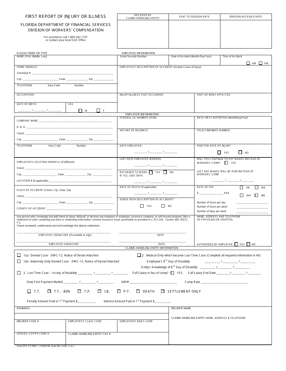 Form DFS-F2-DWC-1 First Report of Injury or Illness - Florida, Page 1