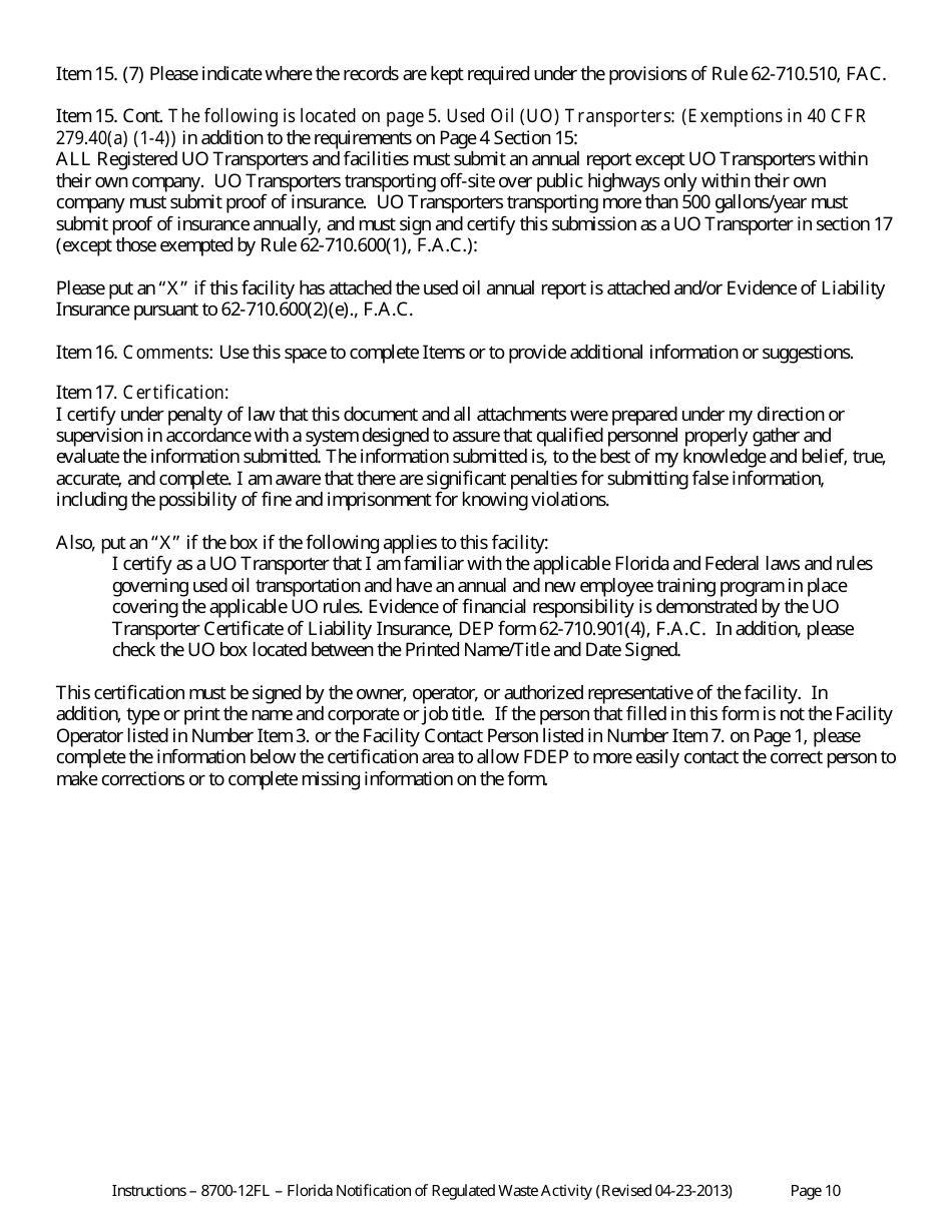 Instructions for DEP Form 8700-12FL Florida Notification of Regulated Waste Activity - Florida, Page 10