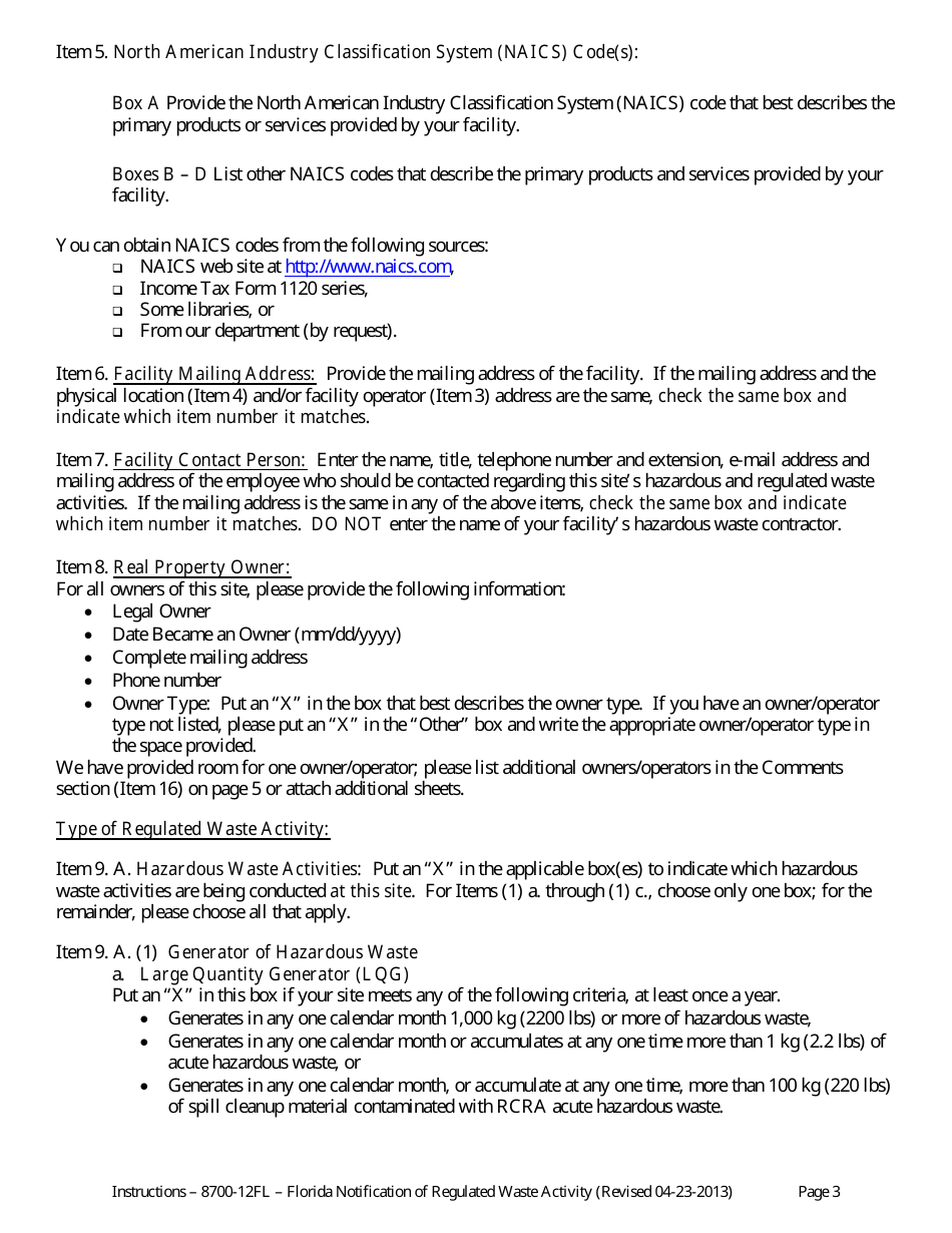 Instructions for DEP Form 8700-12FL Florida Notification of Regulated Waste Activity - Florida, Page 3