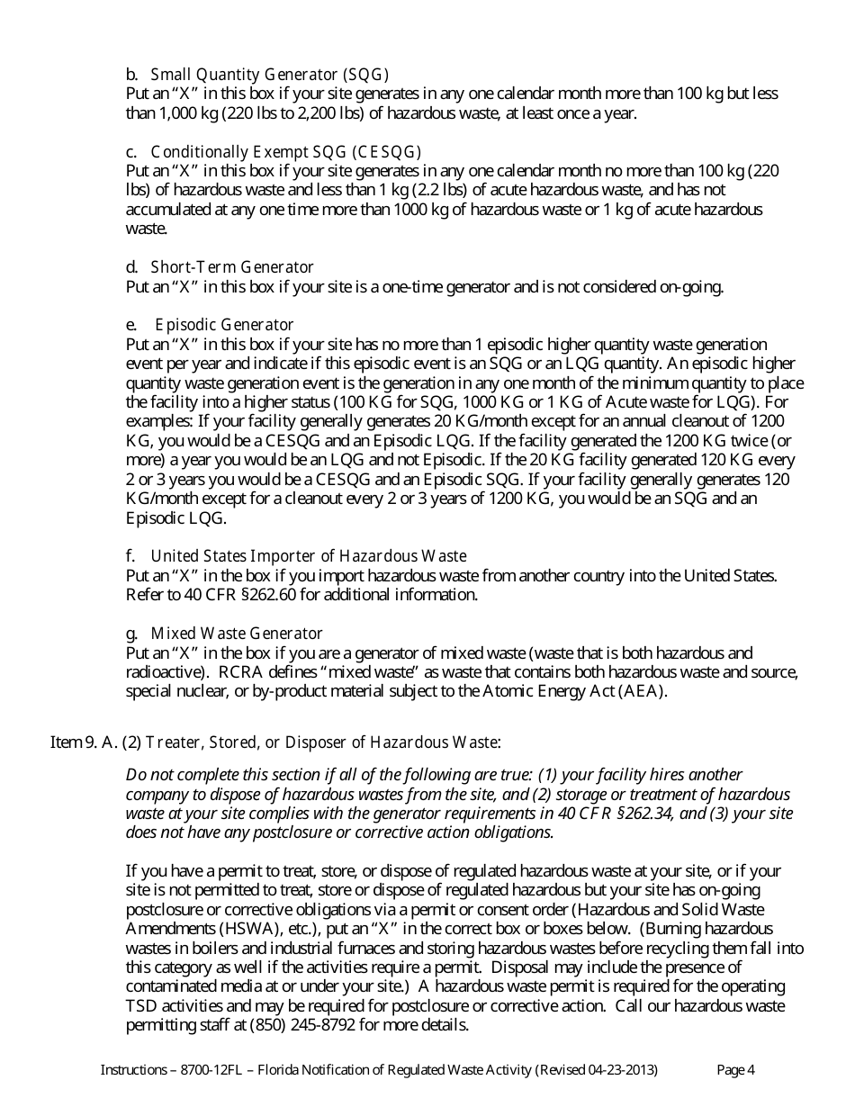 Instructions for DEP Form 8700-12FL Florida Notification of Regulated Waste Activity - Florida, Page 4