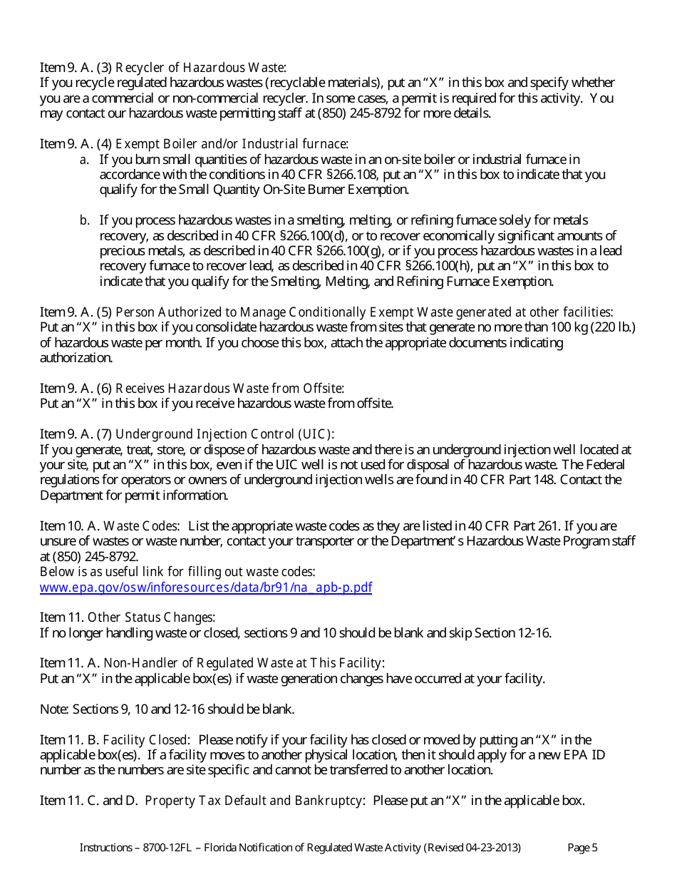 Instructions for DEP Form 8700-12FL Florida Notification of Regulated Waste Activity - Florida, Page 5