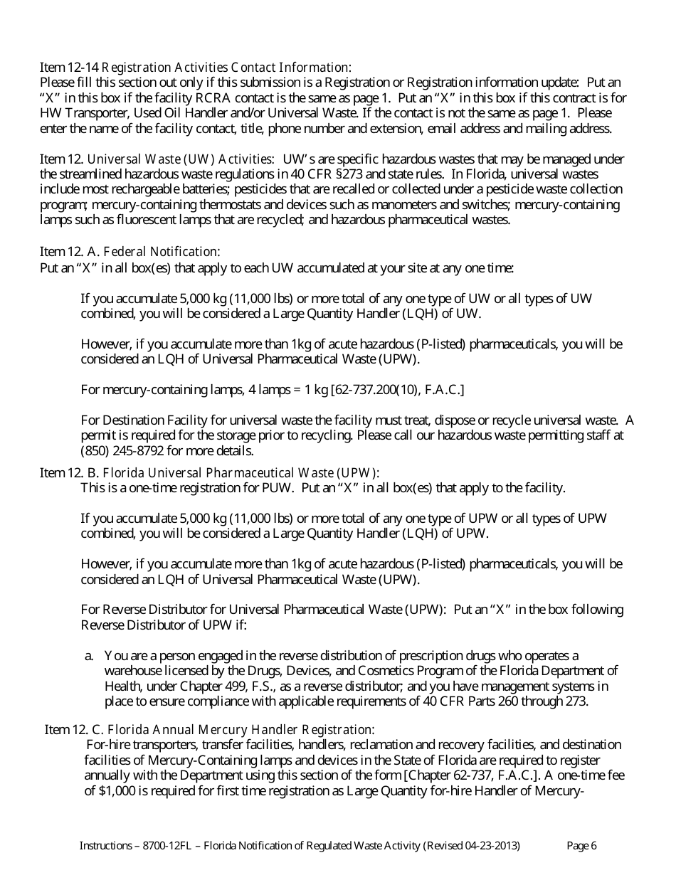 Instructions for DEP Form 8700-12FL Florida Notification of Regulated Waste Activity - Florida, Page 6