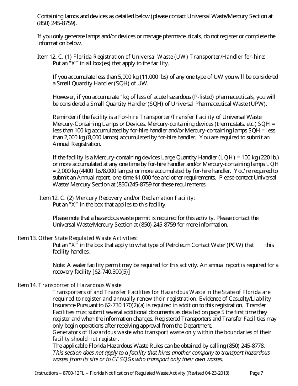 Instructions for DEP Form 8700-12FL Florida Notification of Regulated Waste Activity - Florida, Page 7