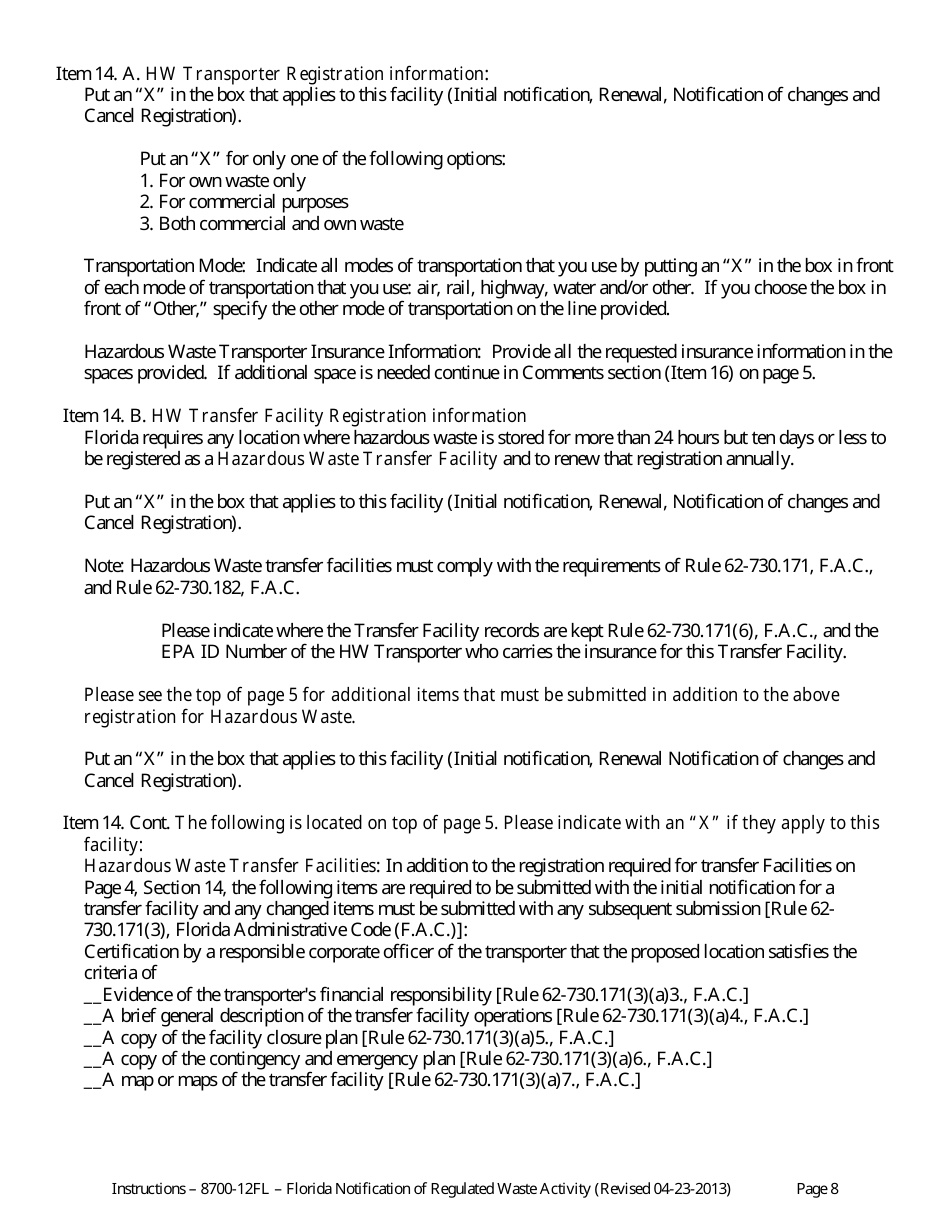 Instructions for DEP Form 8700-12FL Florida Notification of Regulated Waste Activity - Florida, Page 8