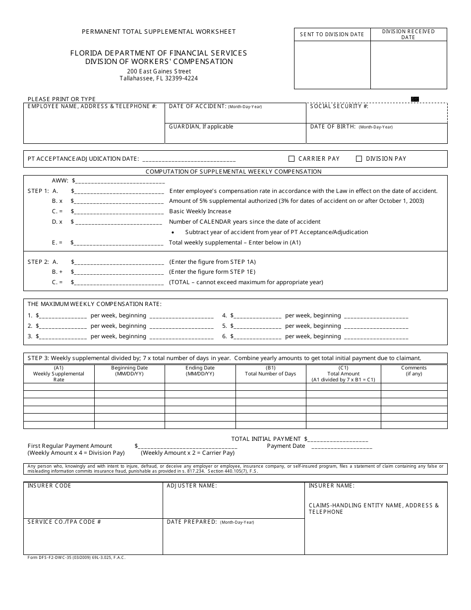 Form DFS-F2-DWC-35 Permanent Total Supplemental Worksheet - Florida, Page 1