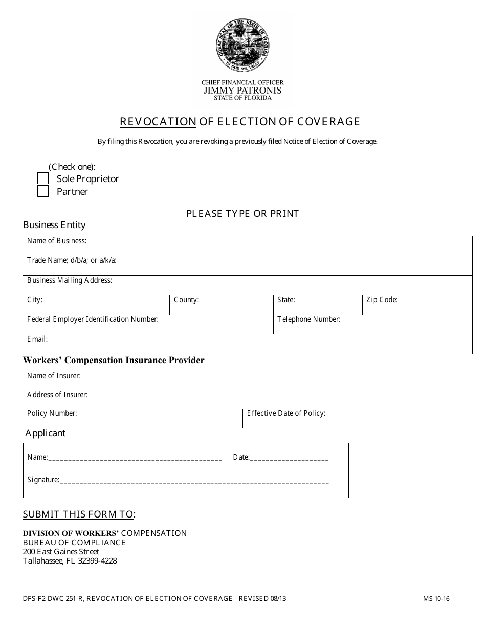 Form DFS-F2-DWC 251-R Revocation of Election of Coverage - Florida, Page 1