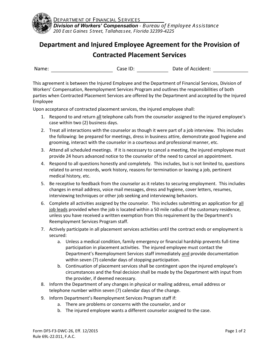 Form DFS-F3-DWC-26 Department and Injured Employee Agreement for the Provision of Contracted Placement Services - Florida, Page 1