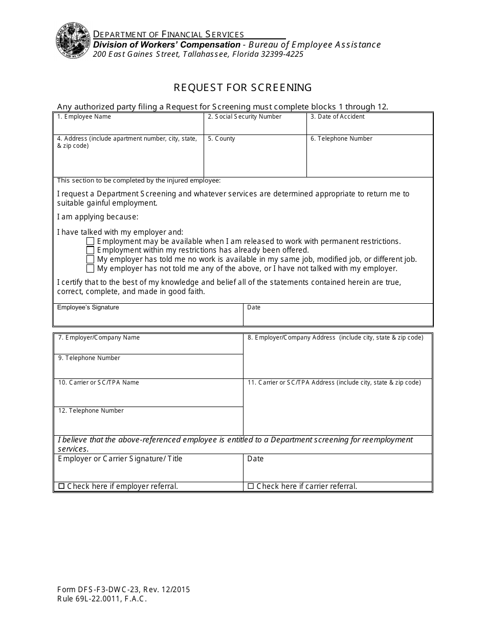 Form DFS-F3-DWC-23 Request for Screening - Florida, Page 1