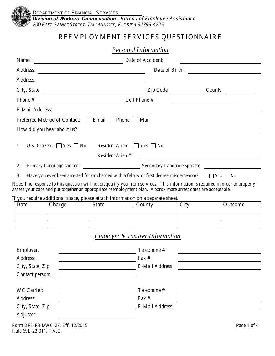 Form DFS-F3-DWC-27 Reemployment Services Questionnaire - Florida, Page 1