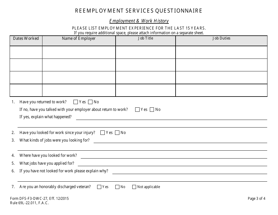 Form DFS-F3-DWC-27 Reemployment Services Questionnaire - Florida, Page 3